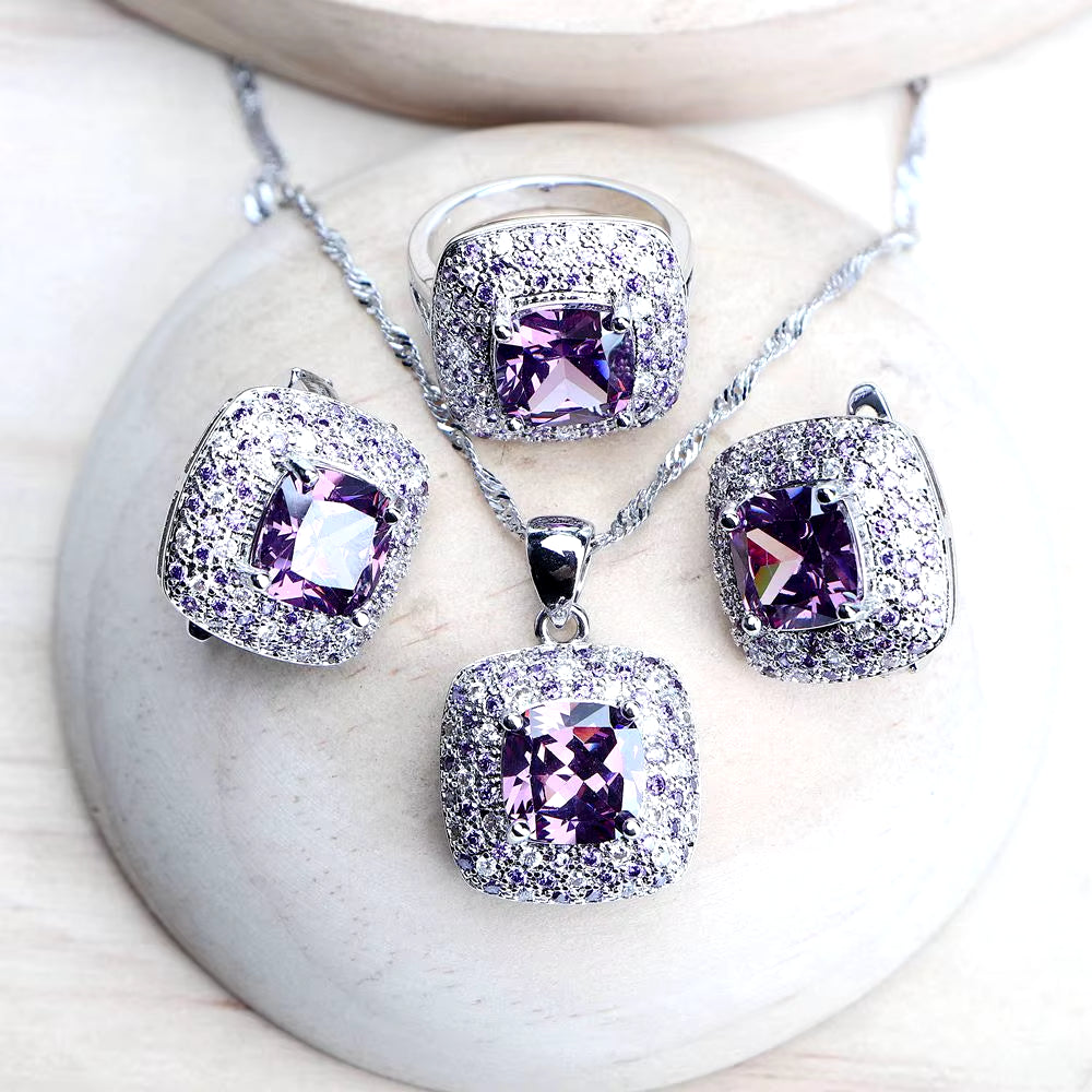 Purple Zirconia Women Bridal Jewelry Sets Silver 925 Fine Costume Jewellery Wedding Earrings Rings Bracelets Pendant Necklace