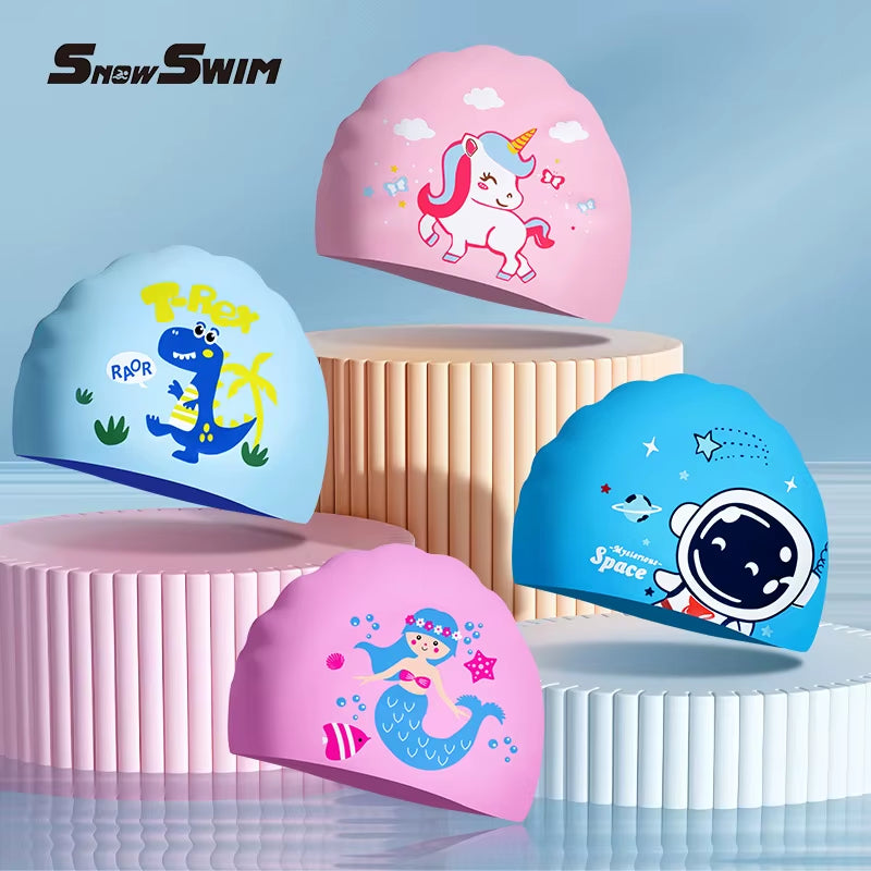 Children'S Cartoon Swimming Cap Silicone Boys and Girls Long Hair Waterproof Ear Protection Cute Swim Cap Swimming Gear