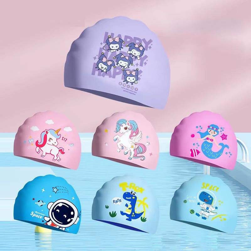 Children'S Cartoon Swimming Cap Silicone Boys and Girls Long Hair Waterproof Ear Protection Cute Swim Cap Swimming Gear