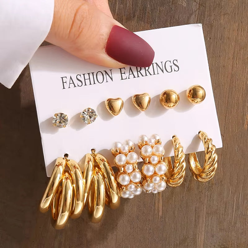 Gold Vintage Pearl Earrings Set for Women