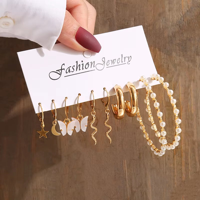 Gold Vintage Pearl Earrings Set for Women