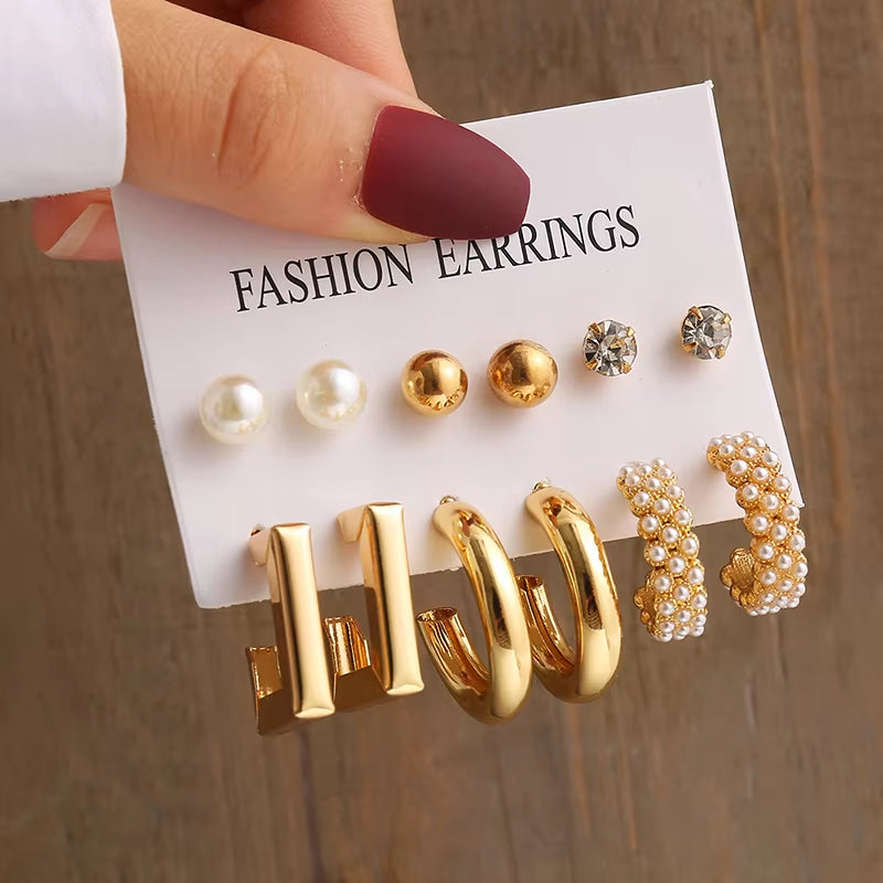 Gold Vintage Pearl Earrings Set for Women