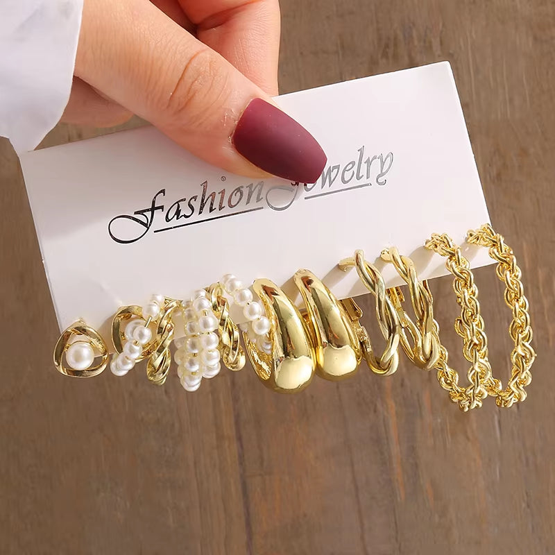 Gold Vintage Pearl Earrings Set for Women