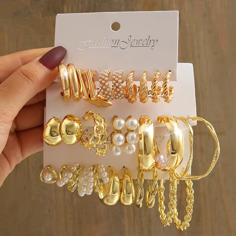 Gold Vintage Pearl Earrings Set for Women