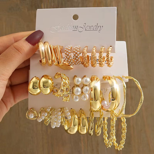 Gold Vintage Pearl Earrings Set for Women