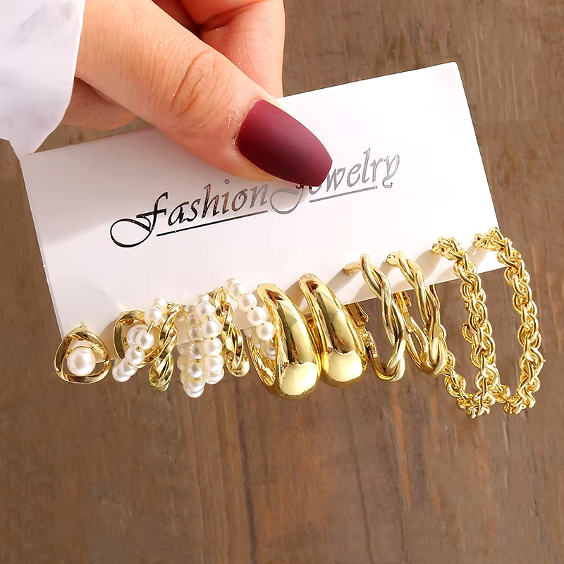 Gold Vintage Pearl Earrings Set for Women